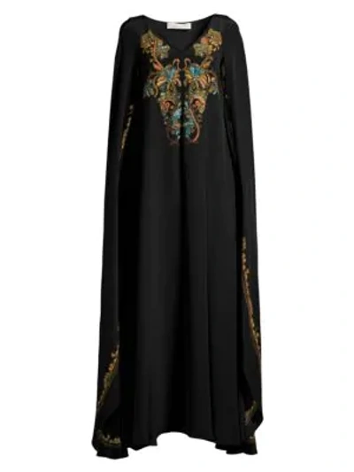 Shop Etro Embroidered Silk Cape Gown In Black
