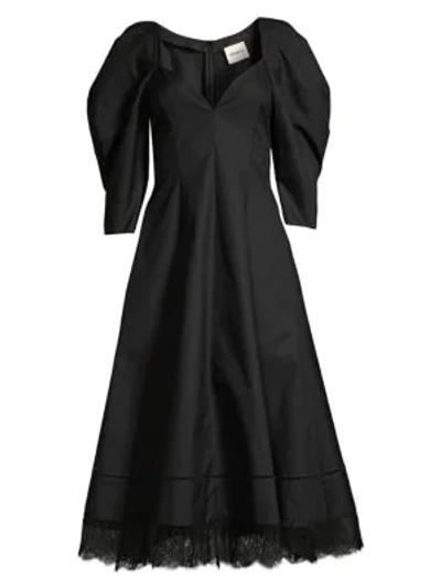 Shop Khaite Dina Gigot Sleeve Cotton Twill Dress In Black