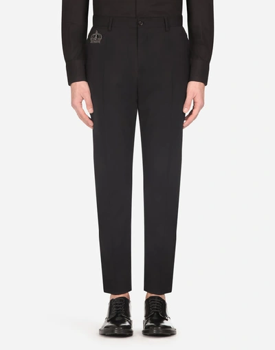 Shop Dolce & Gabbana Stretch Wool Pants With Patch In Black