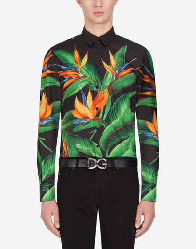 Shop Dolce & Gabbana Cotton Martini-fit Shirt With Bird Of Paradise Print In Multicolored