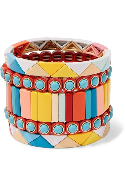 Shop Roxanne Assoulin Cinque Terre Set Of Five Enamel Bracelets In Yellow