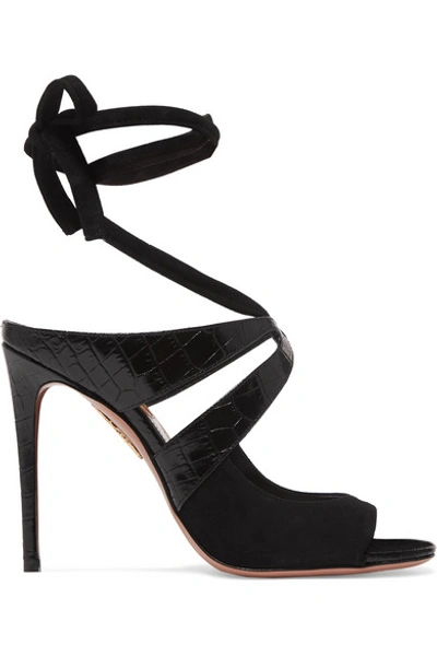 Shop Aquazzura Mabel 105 Croc-effect Leather And Suede Sandals In Black