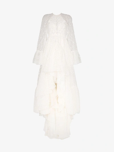 Shop Giambattista Valli Lace Detail Asymmetric Hem Silk Blend Gown In White