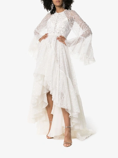 Shop Giambattista Valli Lace Detail Asymmetric Hem Silk Blend Gown In White