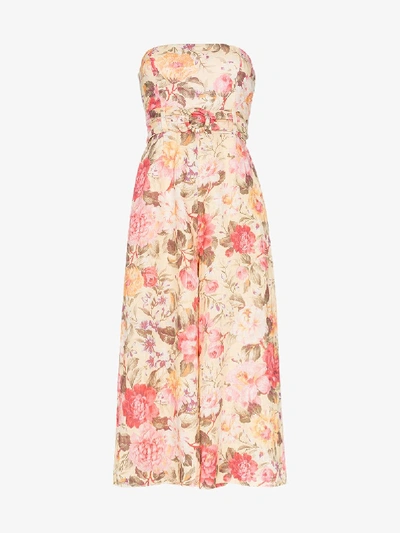Shop Zimmermann Honour Strapless Floral Print Jumpsuit In Yellow