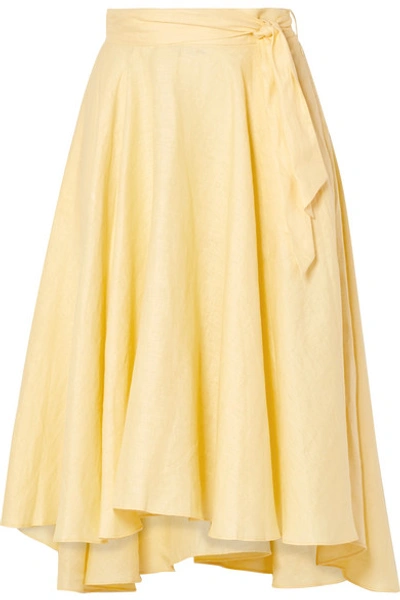 Shop Miguelina Gale Linen Midi Skirt In Pastel Yellow
