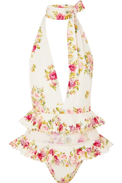 Shop Zimmermann Honour Tulle-trimmed Floral-print Halterneck Swimsuit In Cream