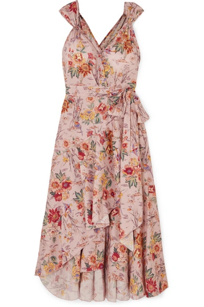 Shop Anna Mason Stella Ruffled Floral-print Cotton Wrap Dress In Pink