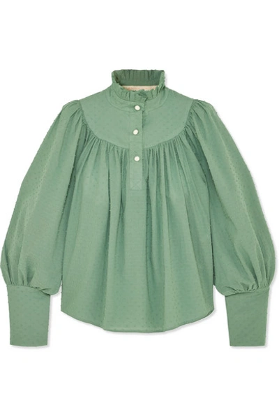 Shop Anna Mason Kasia Gathered Swiss-dot Cotton Blouse In Green