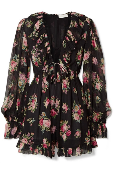 Shop Zimmermann Honour Floating Ruffled Floral-print Silk-georgette Playsuit In Black