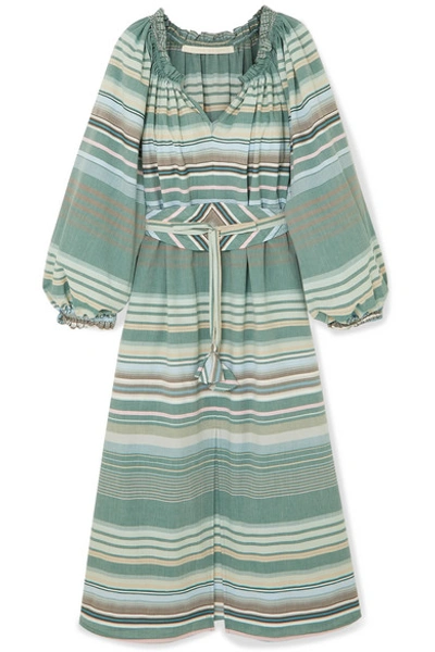 Shop Anna Mason Bardot Belted Striped Cotton Dress In Green