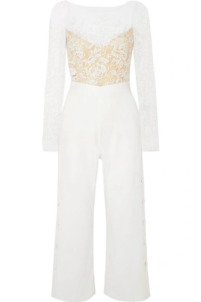 Shop Rime Arodaky Braham Cropped Embroidered Tulle And Crepe Jumpsuit In White