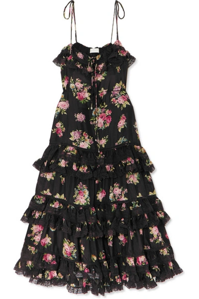 Shop Zimmermann Honour Lace-trimmed Tiered Floral-print Silk Dress In Black