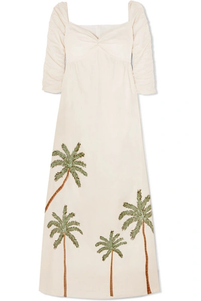 Shop Agua By Agua Bendita America Ruched Embroidered Linen Maxi Dress In Cream