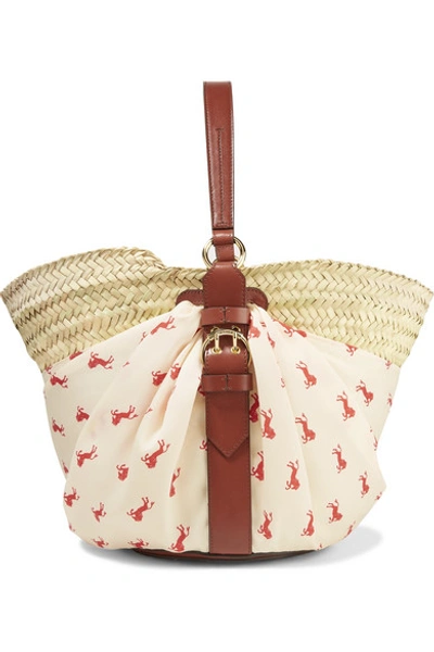 Shop Chloé Panier Leather-trimmed Printed Twill And Woven Raffia Tote In Sand