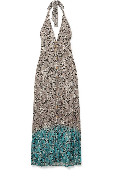 Shop Heidi Klein Mombasa Snake-print Jersey Halterneck Maxi Dress In Gray