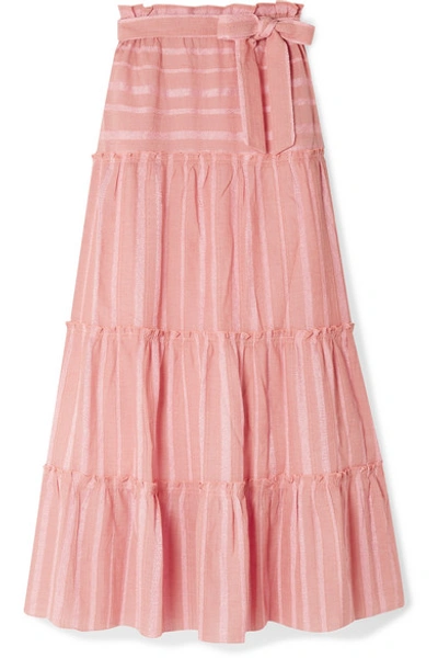 Shop Lemlem + Net Sustain Taytu Tiered Striped Cotton-blend Gauze Maxi Skirt In Pink