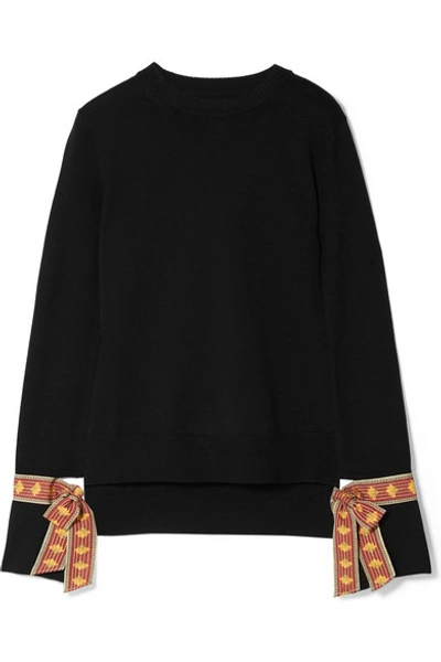 Shop Oscar De La Renta Jacquard-trimmed Merino Wool And Silk-blend Sweater In Black