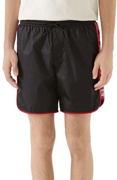 Shop Gucci Waterproof Nylon Swim Trunks In Black/ Multicolor