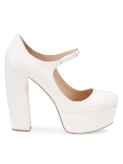 Shop Miu Miu Women's Platform Leather Mary Janes In White