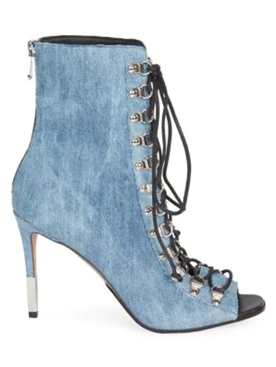 Shop Balmain Club Denim Peep-toe Booties In Bleu Denim