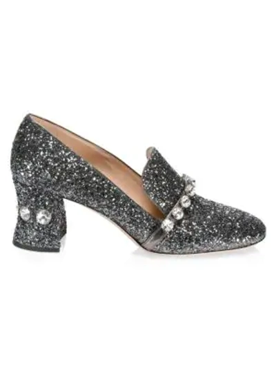 Shop Miu Miu Women's Jewelled Block-heel Glitter Loafers In Silver