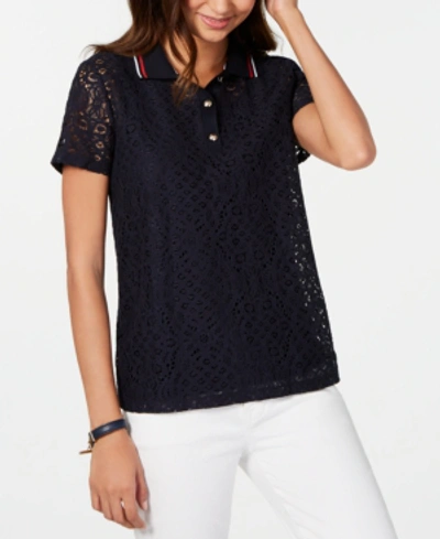 Shop Tommy Hilfiger Lace Polo Top In Sky Captain