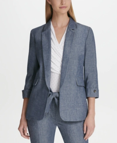 Shop Dkny Chambray 3/4-sleeve Open-front Blazer In Chambray Blue