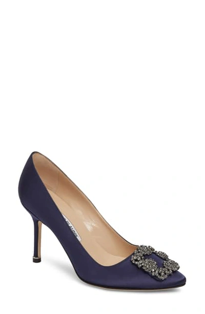 Shop Manolo Blahnik Hangisi Pointed Toe Pump In Navy Satin