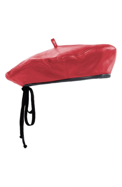 Shop Eric Javits Kate Leather Beret - Red In Red/ Black