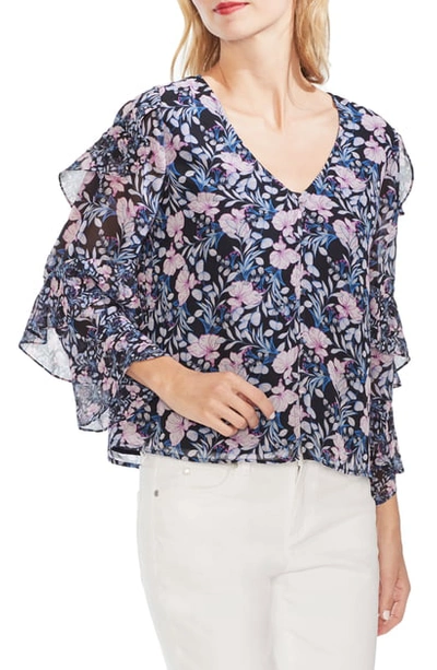 Shop Vince Camuto Charming Floral Tiered Sleeve Top In Classic Navy