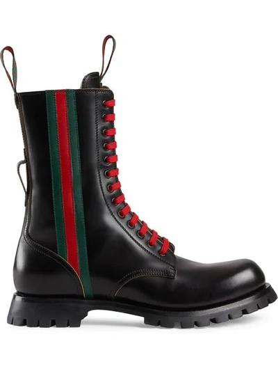 Shop Gucci Black Leather Boot With Web