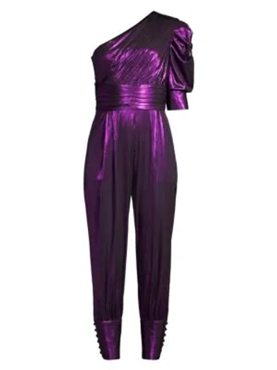 Shop Retroféte Thambi Metallic One-shoulder Jumpsuit In Purple