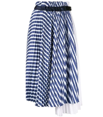Shop Sacai Pleated Midi Skirt In Blue And White