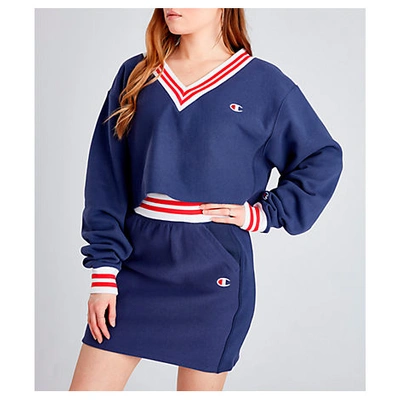 Shop Champion Women's Life Reverse Weave Yarn Dye Stripe Cropped V-neck Sweatshirt In Blue Size Medium Fl