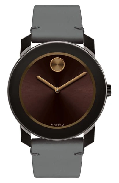 Shop Movado 'bold' Leather Strap Watch, 42mm In Grey/ Black/ Bronze