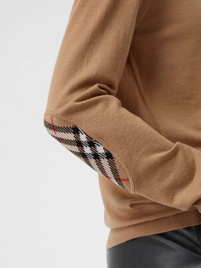 Shop Burberry Vintage Check Detail Merino Wool Sweater In Camel