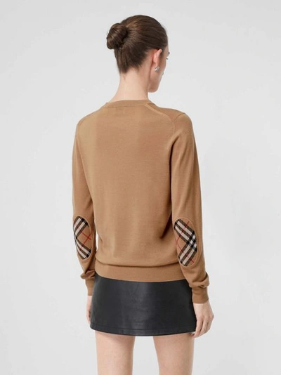 Shop Burberry Vintage Check Detail Merino Wool Sweater In Camel