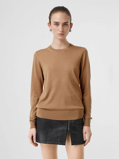 Shop Burberry Vintage Check Detail Merino Wool Sweater In Camel