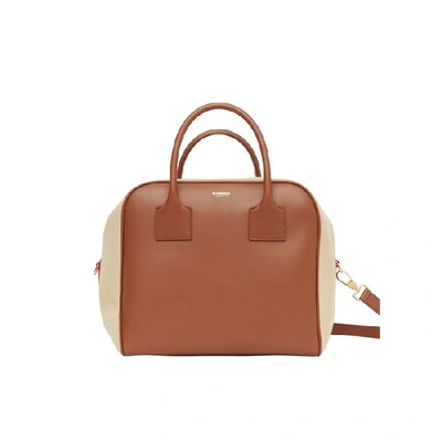 Shop Burberry Medium Leather And Cotton Canvas Cube Bag In Malt Brown