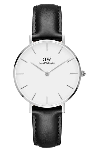 Shop Daniel Wellington Classic Petite Leather Strap Watch, 32mm In Black/ White/ Silver