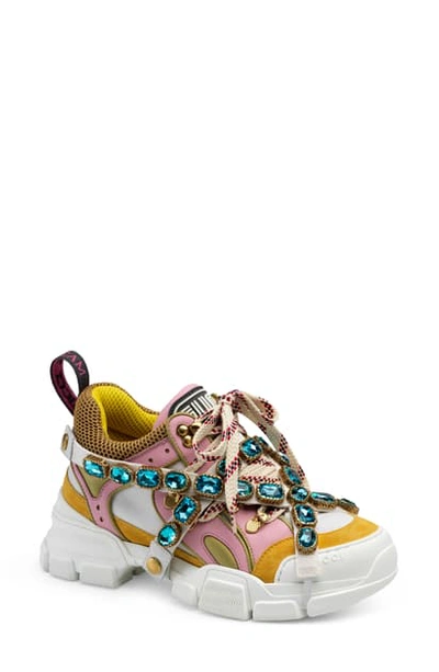 Shop Gucci Flashtrek Jewel Embellished Sneaker In Pink/ Yellow/ Blue