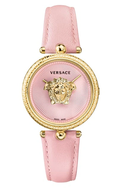 Shop Versace Palazzo Empire Leather Strap Watch, 34mm In Pink/ Gold