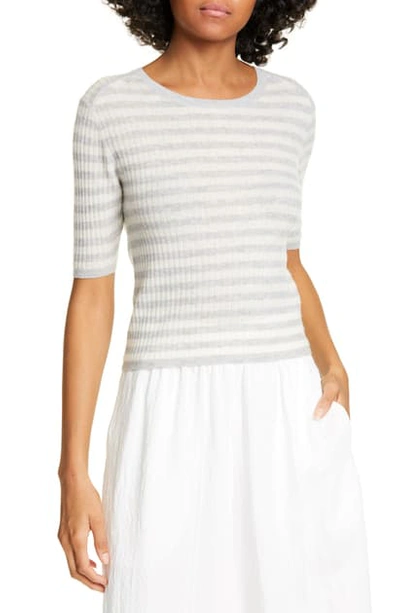 Shop Vince Stripe Rib Cashmere Sweater In Heather Grey/ Off White
