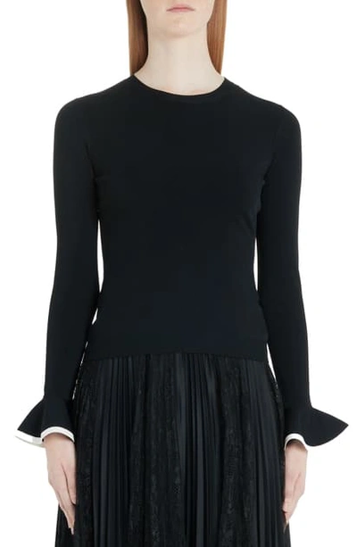 Shop Valentino Flare Cuff Ribbed Sweater In 0na-black/ Ivory