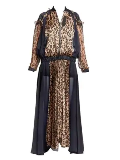 Shop Sacai Leopard Satin & Chiffon Pleated Dress In Beige