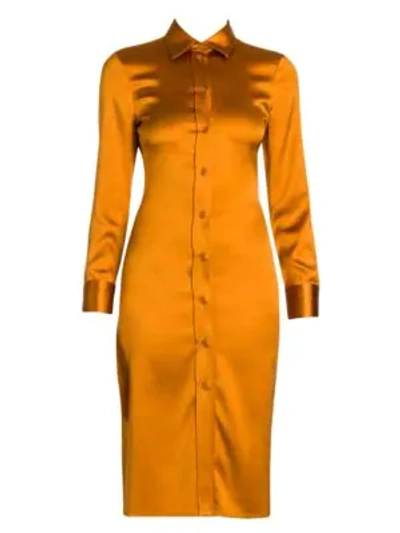 Shop Bottega Veneta Stretch Satin Fitted Shirtdress In Amber