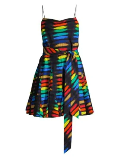 Shop Alice And Olivia Webber Printed Godet Cotton Dress In Rainbow Block Tie Dye