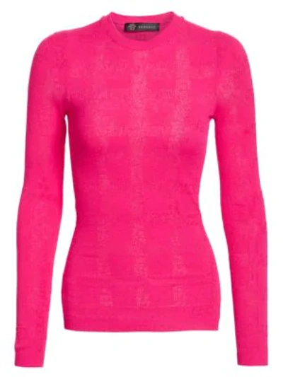 Shop Versace Perforated Logo Stretch Knit Sweater In Fuchsia