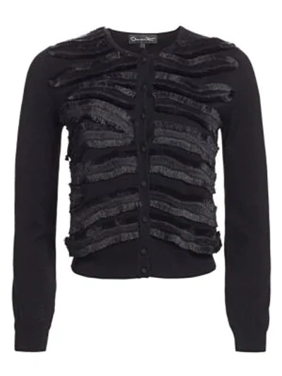 Shop Oscar De La Renta Zebra Fringe Wool Cardigan In Black